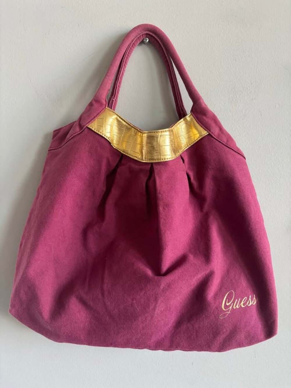 Vintage Guess Y2K Slouchy Pleated Canvas Tote Bag - Maroon & Gold